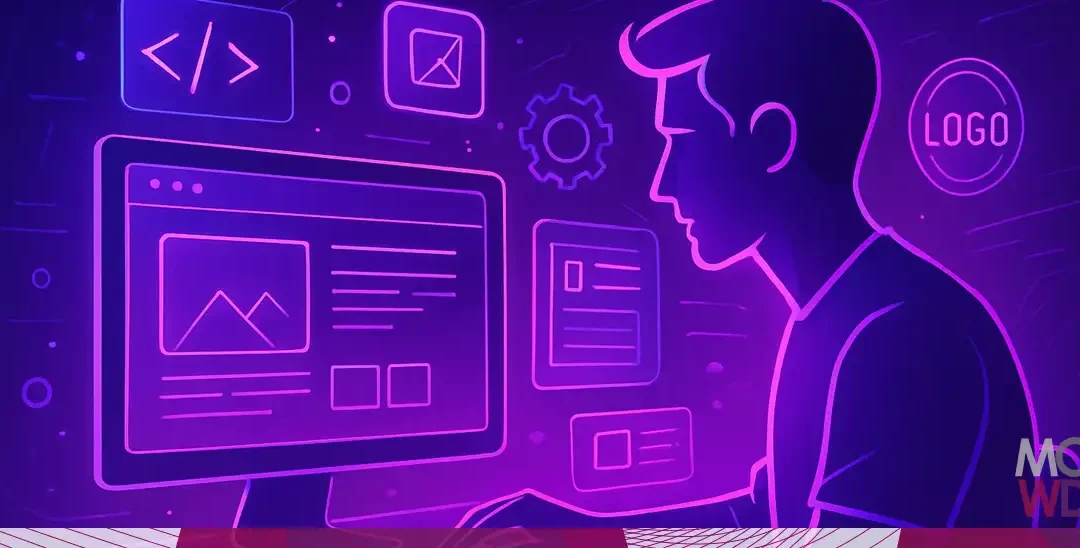 Figura stilizzata di web designer al lavoro su siti web e branding digitale, in stile moderno e creativo.