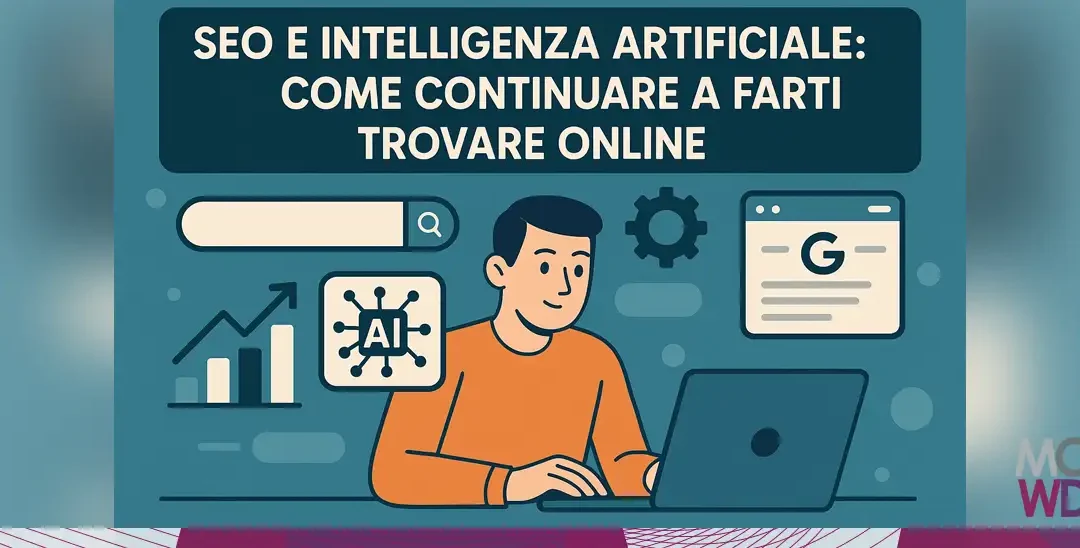 Illustrazione concettuale di SEO e intelligenza artificiale che analizzano una pagina web